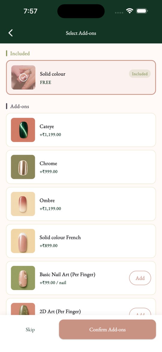 MASCAS customer app add-ons screen