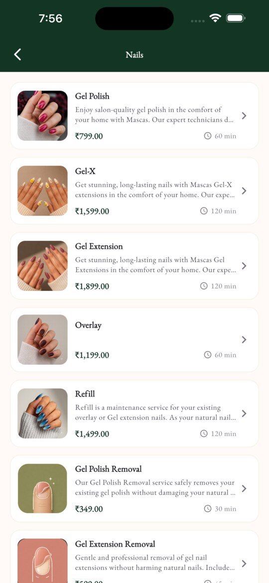 MASCAS customer app nails category screen