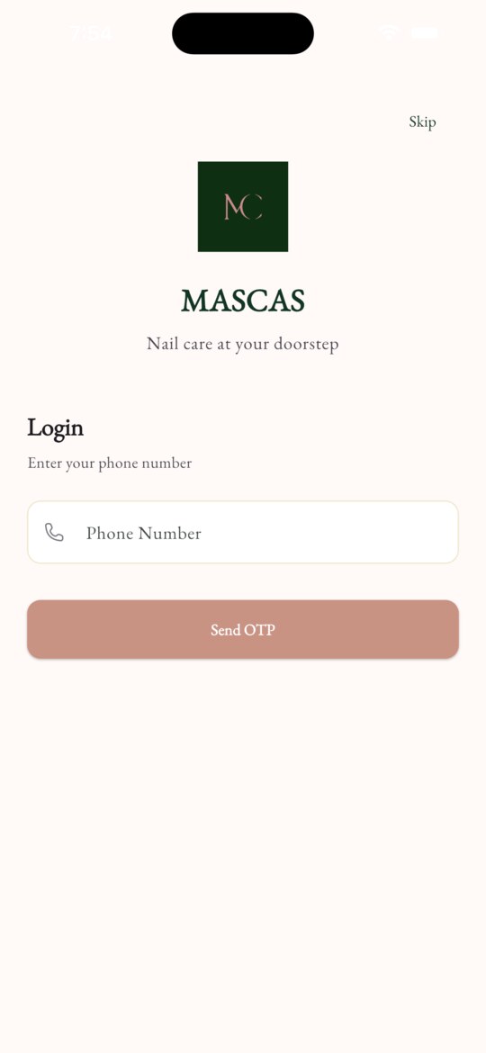 MASCAS customer app login screen